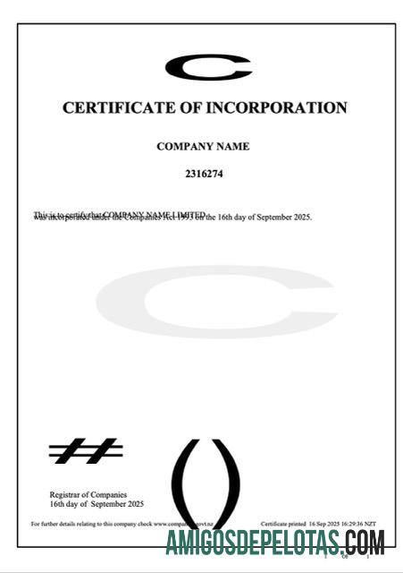 Certificado de Incorporação da Nova Zelândia em branco modelo Word e PDF, Versão 2